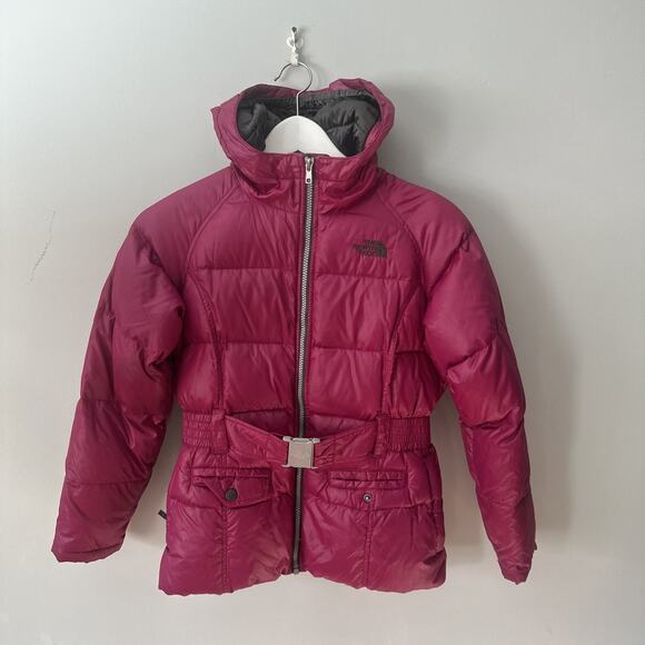 The North Face Puffer Jacket Girls Medium Fuschia 550 Belted Hooded Cocolee